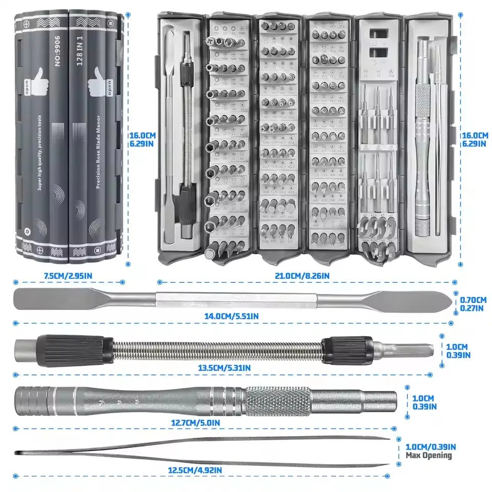 Precision Multi-Function Screwdriver Set - 128-in-1 Manual Repair Tools with Magnetic Phillips and Torx Bits for iPhone and PC