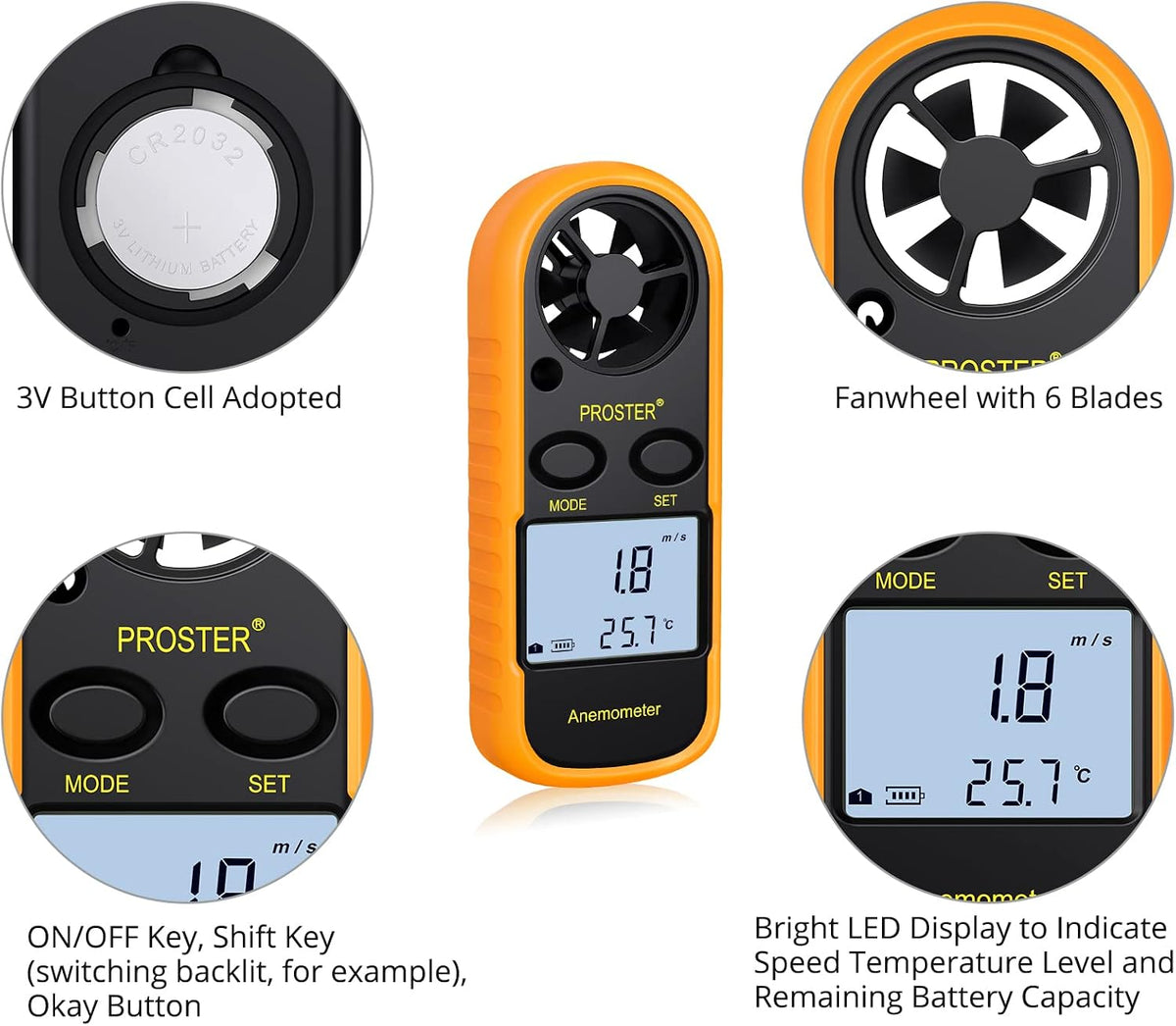 Anemometer - Handheld Anemometer 3 in 1 Digital Wind Speed Meter with LCD Display Wind Gauge Wind Air Flow Velocity Measurement for RC Drones Windsurfing Kite Flying Sailing