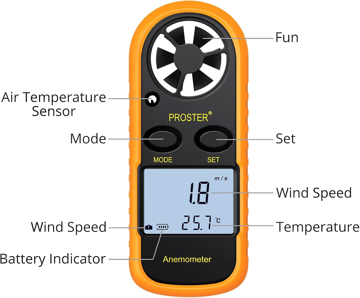 Anemometer - Handheld Anemometer 3 in 1 Digital Wind Speed Meter with LCD Display Wind Gauge Wind Air Flow Velocity Measurement for RC Drones Windsurfing Kite Flying Sailing