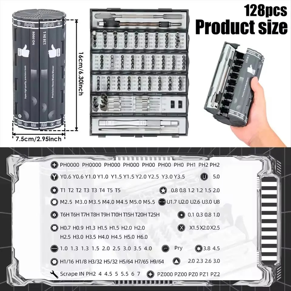 Precision Multi-Function Screwdriver Set - 128-in-1 Manual Repair Tools with Magnetic Phillips and Torx Bits for iPhone and PC
