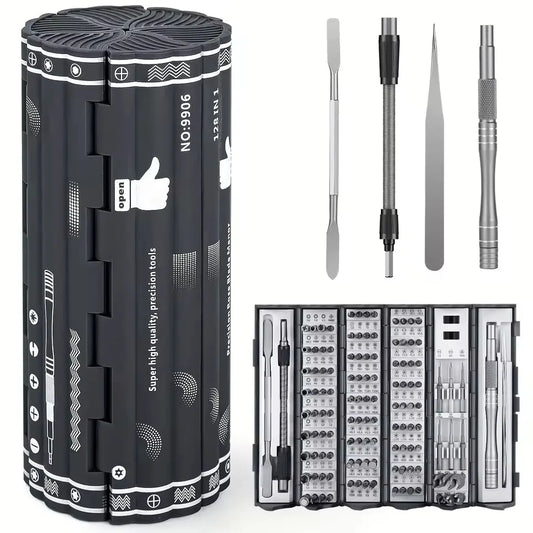 Precision Multi-Function Screwdriver Set - 128-in-1 Manual Repair Tools with Magnetic Phillips and Torx Bits for iPhone and PC